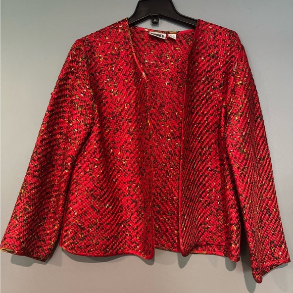 Chico's Red Textured Blazer with Open Front - Picture 2 of 9